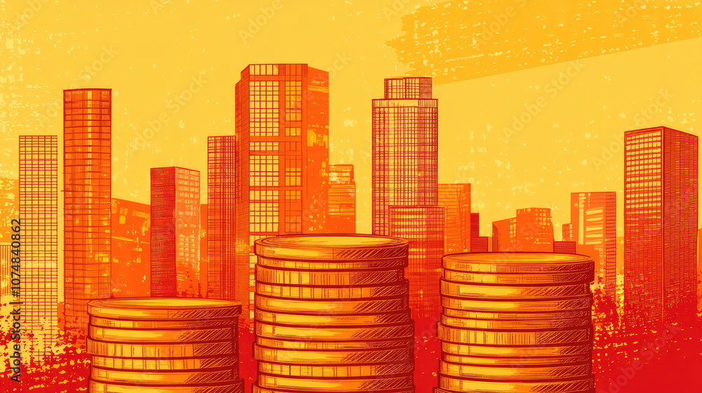 Collage of Stacked Coins and Skyscrapers Representing Real Estate Cash Flow. Orange and Yellow Color Scheme, Urban Skyline, Vector Illustration Collage of Stacked Coins and Skyscrapers Representing Real Estate Cash Flow. Orange and Yellow Color Scheme, Urban Skyline, Vector Illustration