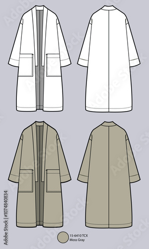 flat drawing of long kimono or outerwear with pockets on the front side