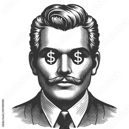 man with excited expression and dollar signs in his eyes, symbolizing greed or financial ambition sketch engraving generative ai vector illustration. Scratch board imitation. Black and white image.