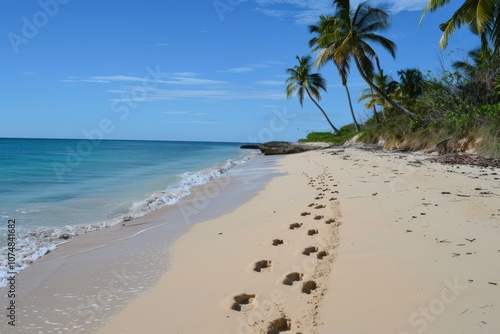 Footprints on a Sandy Beach with Palm Trees and Blue Ocean