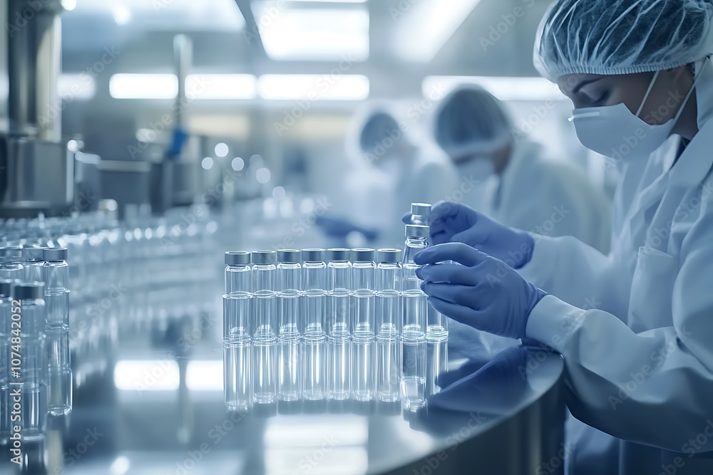 A pharmaceutical production line with workers in lab coats and masks meticulously processing glass medical vials, emphasizing precision and safety in a sterile environment A pharmaceutical production line with workers in lab coats and masks meticulously processing glass medical vials, emphasizing precision and safety in a sterile environment