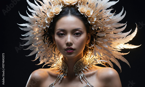 A woman wearing a large, white feathered headpiece with flowers looks intensely at the camera in a studio setting