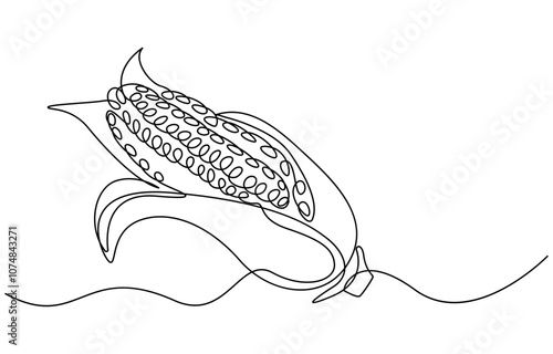 Maize ear in continuous line art drawing style. Corn cob black linear sketch isolated on white background, Continuous one line drawing of corn crop for farm. One line drawing illustration of corn