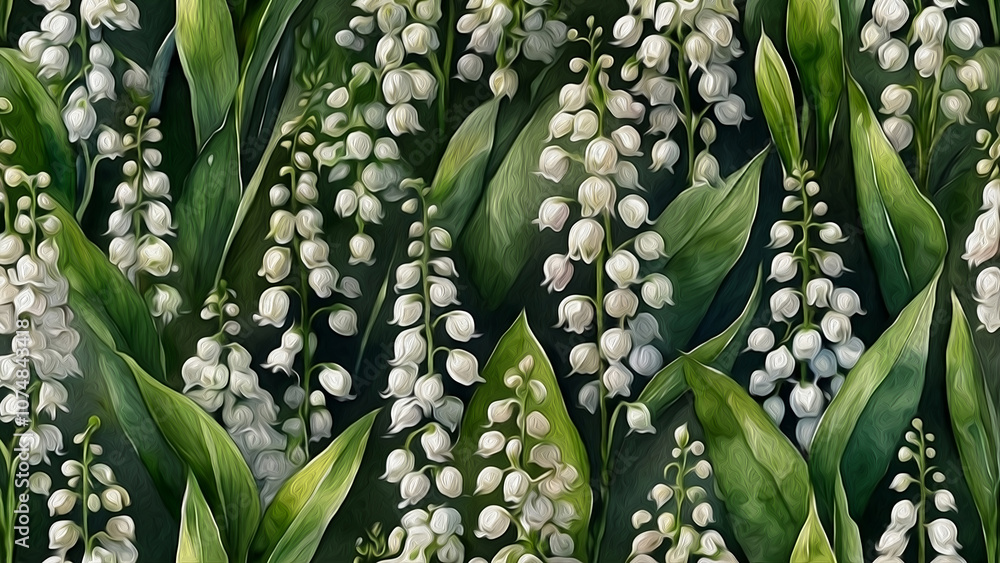 Obraz premium Textured contrast background. White lilies of the valley on a background of dark leaves, painted with oil paint. AI.