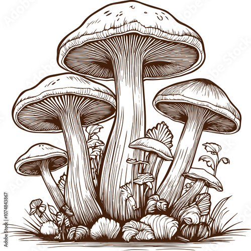 mushrooms forest magic monochromatic vector illustration