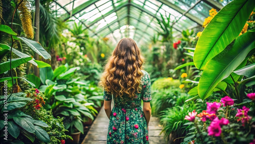 Obraz premium Botanical Greenhouse Girl Back View, Deep Focus