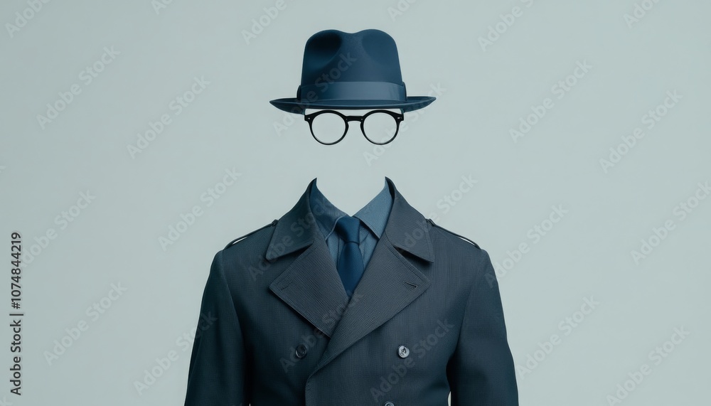 an invisible man wearing a hat and glasses and a suit isolated on gray background, Unseen figure unknown incognito.
an invisible man wearing a hat and glasses and a suit isolated on gray background, Unseen figure unknown incognito.