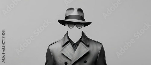 an invisible man wearing a hat  and glasses and a suit isolated on gray background, Unseen figure unknown incognito.
