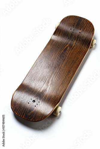 Wooden skateboard deck with white wheels.