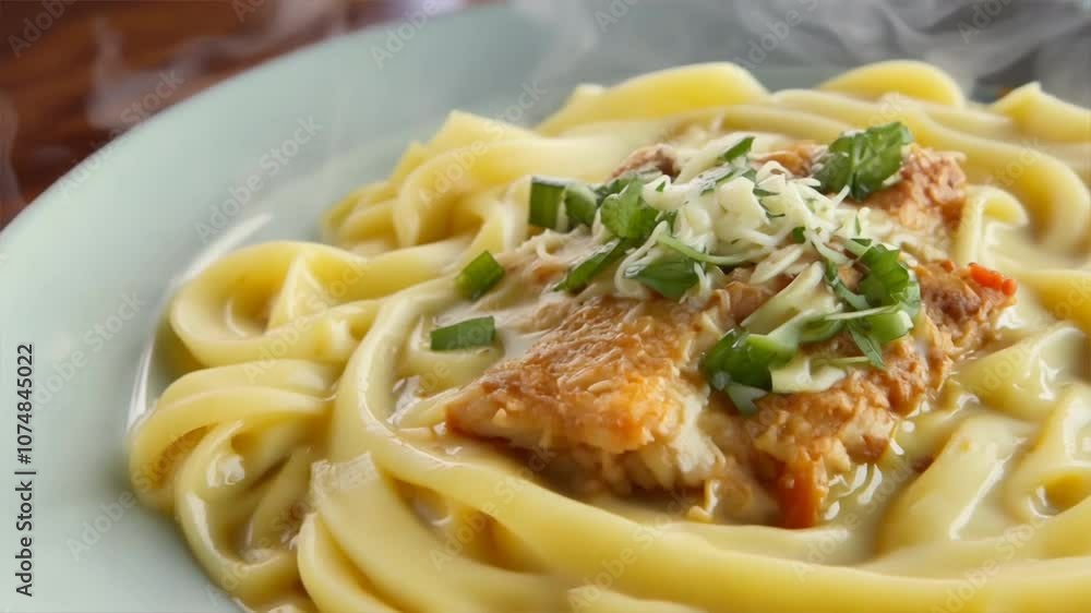 Gourmet fettuccine pasta with fish in creamy sauce, enhanced by fresh herbs for delicious meal that elevates your dining experience. Gourmet fettuccine pasta with fish in creamy sauce, enhanced by fresh herbs for delicious meal that elevates your dining experience.