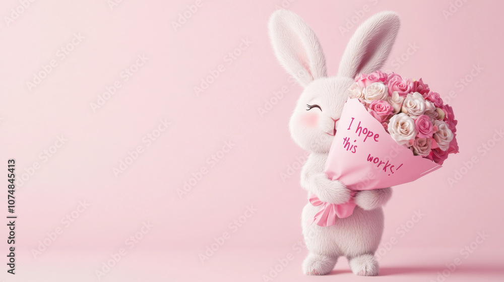 Obraz premium Studio shot of a valentine’s card with cartoon bunny and rose bouquet for romantic wishes