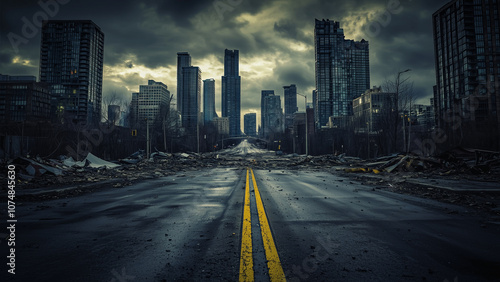 Abandoned Future: Crumbling Skyscrapers and Lone Road in a Dark City photo