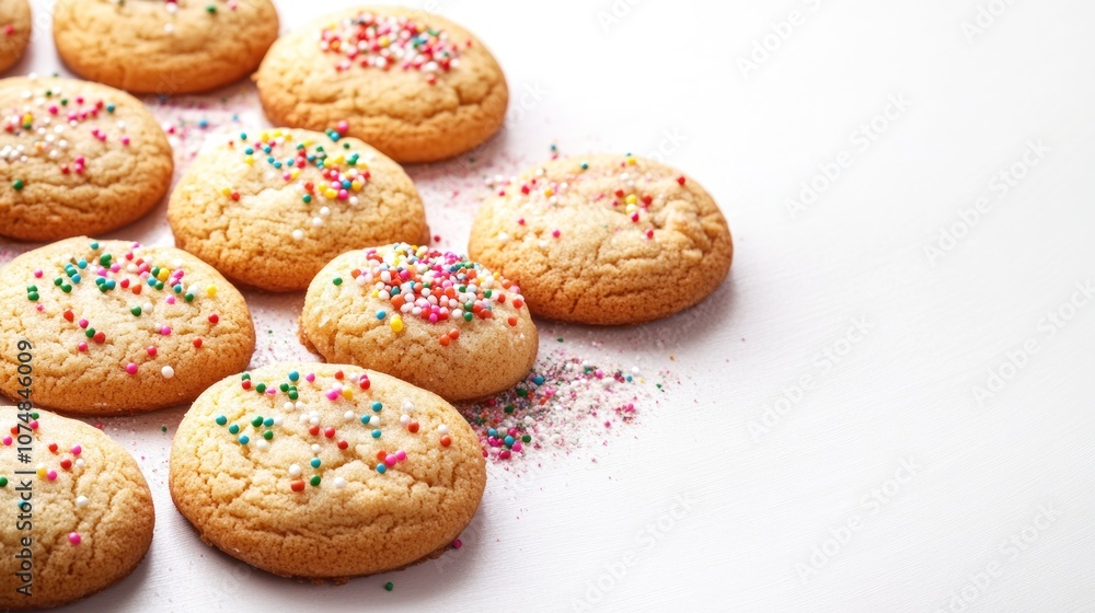 A collection of colorful cookies sprinkled with vibrant toppings on a white surface. A collection of colorful cookies sprinkled with vibrant toppings on a white surface.