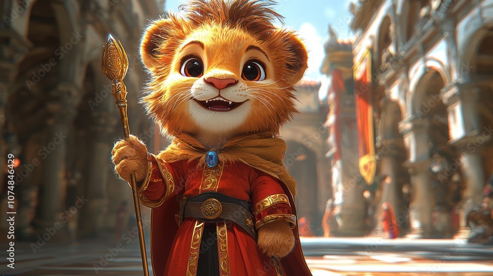 Adorable Animated Lion Character in Regal Red Attire, Holding a Golden Scepter, Set in a Majestic Ancient Environment with Grand Architecture and Warm Lighting Adorable Animated Lion Character in Regal Red Attire, Holding a Golden Scepter, Set in a Majestic Ancient Environment with Grand Architecture and Warm Lighting