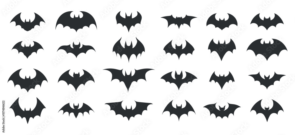 Naklejka premium Bat Logo Collection Black Silhouettes White Background Diverse Designs Creative Illustrations Unique Styles Iconic Animal Dark Aesthetic Minimalist Branding Graphic Design Elements