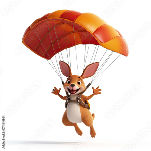 3D funny cartoon kangaroo on a parachute, isolated, on a white background. Funny print for T-shirts. Character for a logo, illustration for an ironic advertisement of parachute sections, active recrea