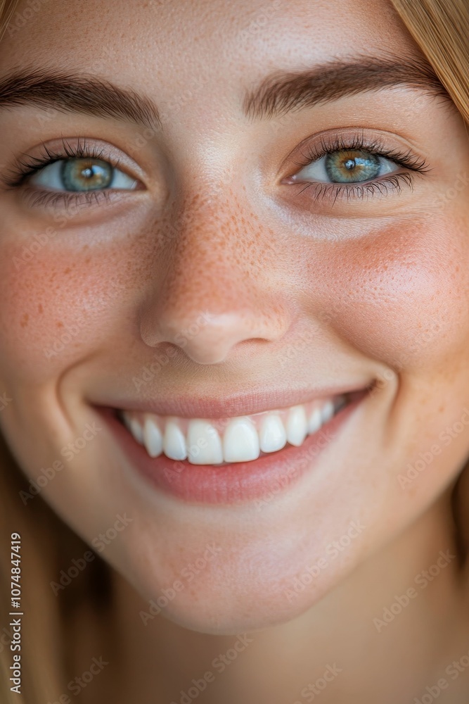 Closeup of a woman smiling with freckles. Closeup of a woman smiling with freckles.