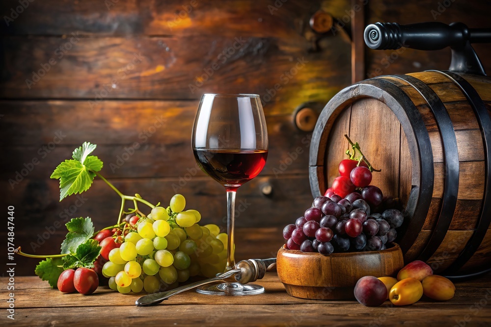 Festive Wine Still Life - Wine Glass Bottle Grapes Apples Corkscrew Festive Wine Still Life - Wine Glass Bottle Grapes Apples Corkscrew