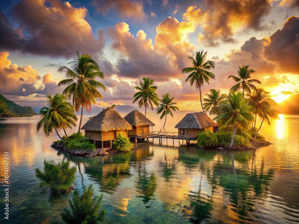Floating Islands at Sundown, Melanesian Huts, Dreamy Palms Floating Islands at Sundown, Melanesian Huts, Dreamy Palms