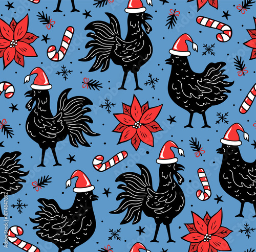 Merry Christmas happy new year  winter holidays seamless pattern with block print lino cut style farm hens chickens and roosters in santa hats, poinsettia flowers and candy canes;  vector illustration photo