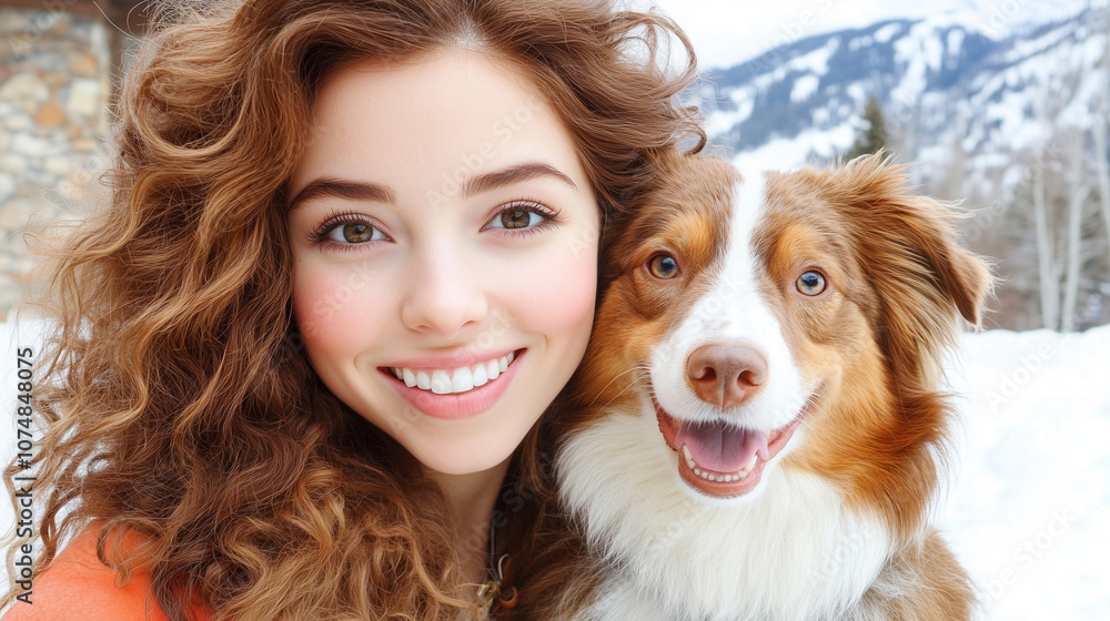 Smiling Woman Taking A Selfie With Her Dog In Snowy Mountains Smiling Woman Taking A Selfie With Her Dog In Snowy Mountains