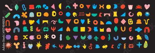Brutalist shapes for minimal style design. Constructor of trendy geometric postmodern primitive figures. Vector illustration of brutalist contemporary star, oval, flower, line and forms