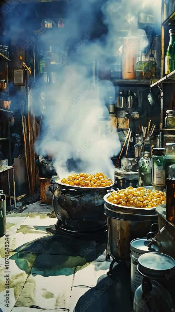 Steam rises from two cauldrons filled with golden spheres in a cluttered, dimly lit room Steam rises from two cauldrons filled with golden spheres in a cluttered, dimly lit room
