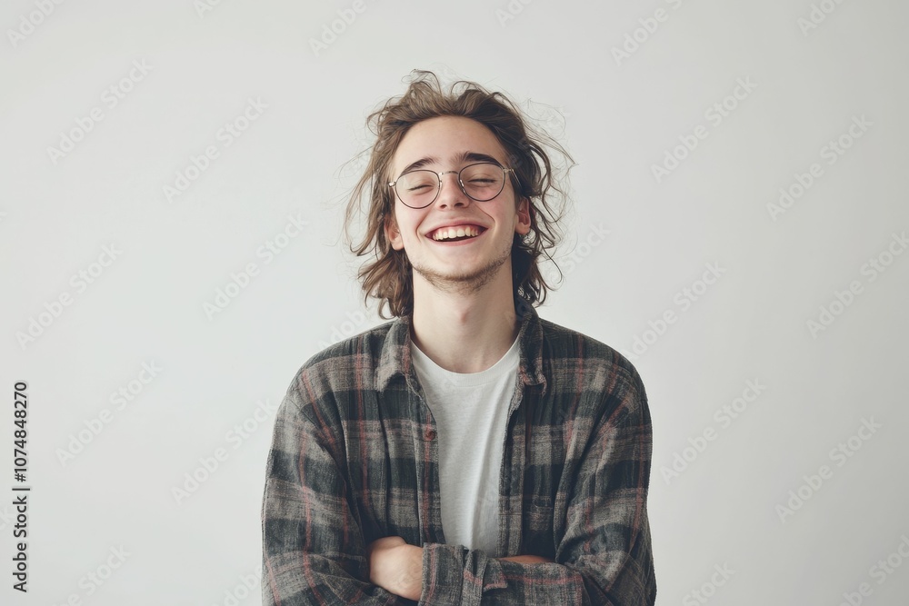 Smiling man in a plaid shirt and glasses. Smiling man in a plaid shirt and glasses.