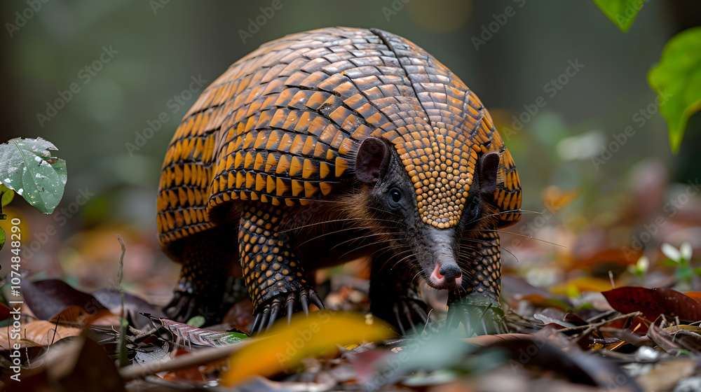 Obraz premium Amazon Giant Armadillo walking through the forest floor, its armored body and long claws visible