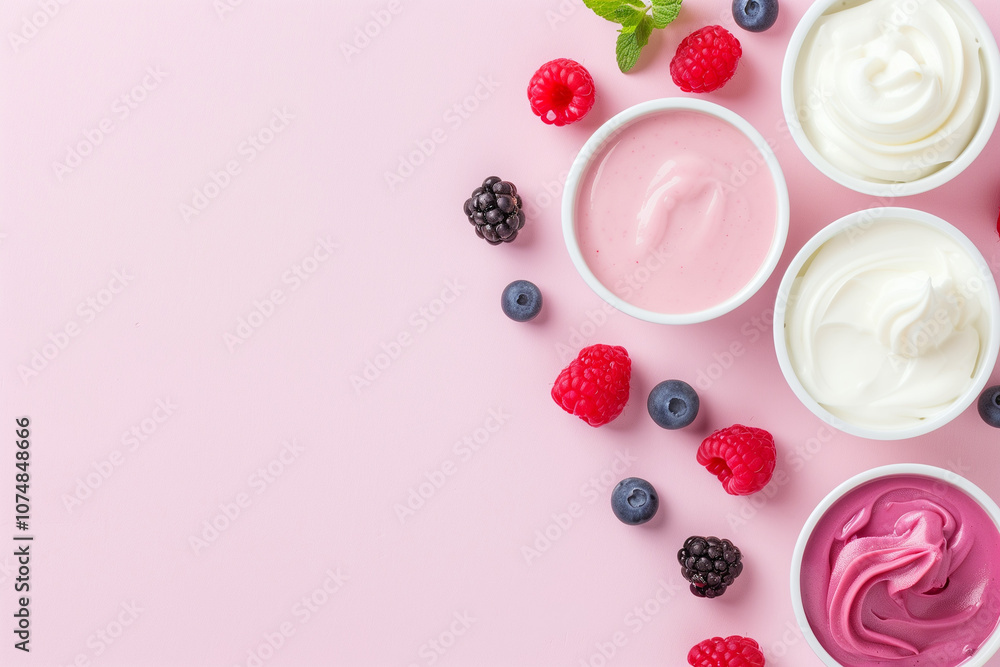 Assorted Yogurt Flavors with Fresh Berries on Pink Background Assorted Yogurt Flavors with Fresh Berries on Pink Background