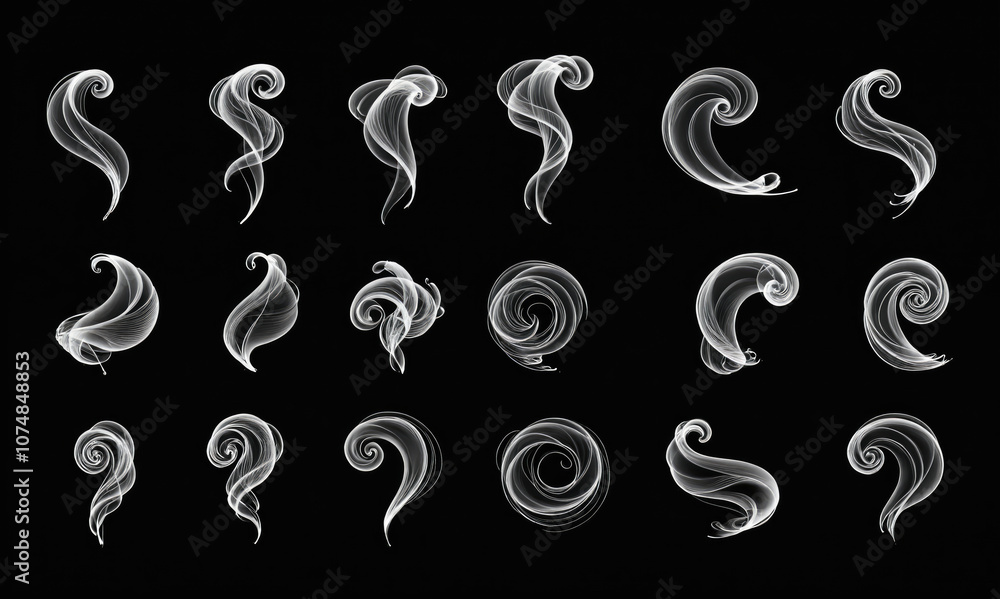 A collection of twenty white smoke effects isolated on a black background A collection of twenty white smoke effects isolated on a black background