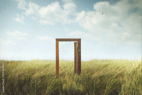 surreal open door in the middle of nature, symbol of passage