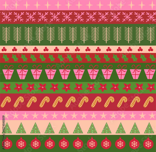 Merry Christmas happy new year  winter holidays  in fair isle knitting style colorful in preppy pink green red tan colros seamless pattern, xmas seasons greeting yuletide repeat design print vector