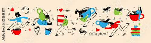 People enjoying coffee, holding takeaway mugs, paper cups. Characters drinking hot morning beverages, americano, cappuccino to go, in trendy retro style.