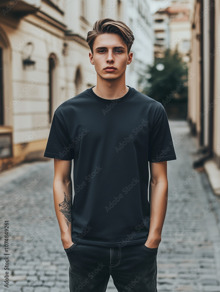 Obraz premium Aesthetic Male Model in a Stylish Black T-Shirt in Urban Setting