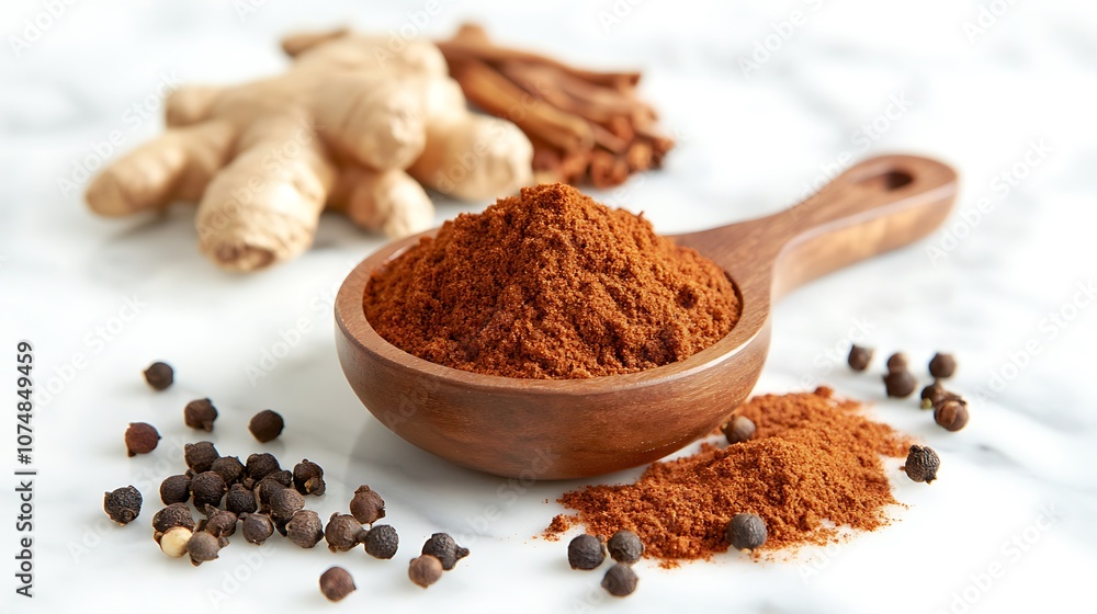 Spices and herbs on white marble table, selective focus Spices and herbs on white marble table, selective focus