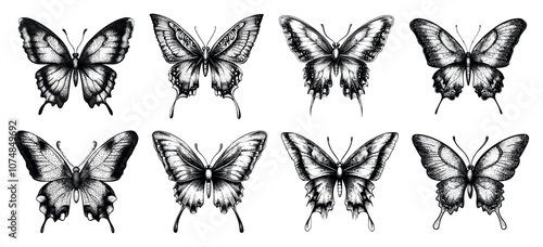 Butterfly Dotwork Vintage Logo Illustration on White Background Artistic Design Nature Inspired Style Insect Artwork Ornate Details Minimalist Aesthetic Elegant Symbol Unique Emblem