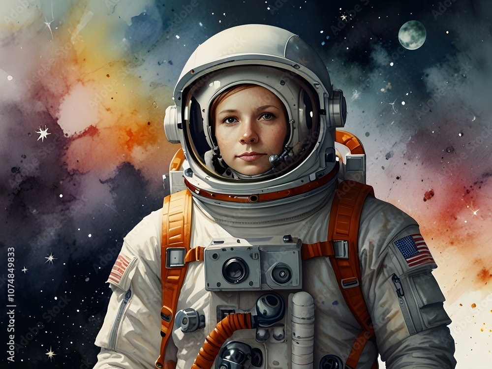 water colored astronaut woman in space water colored astronaut woman in space