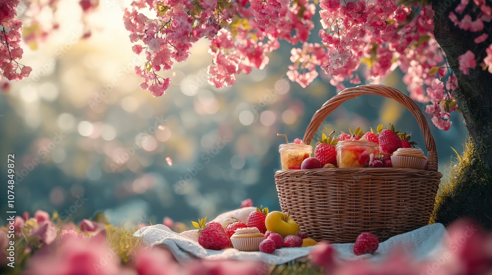 Spring Picnic Basket with Fresh Fruits and Cupcakes under Cherry Blossoms, Perfect for Easter and Outdoor Gatherings Spring Picnic Basket with Fresh Fruits and Cupcakes under Cherry Blossoms, Perfect for Easter and Outdoor Gatherings