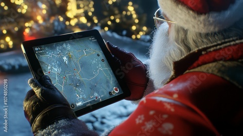 A man in a red sweater is holding a tablet and looking at a map