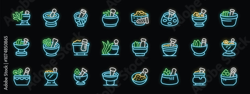 Glowing neon icons depict mortar and pestle grinding herbs and spices, representing traditional medicine and apothecary practices