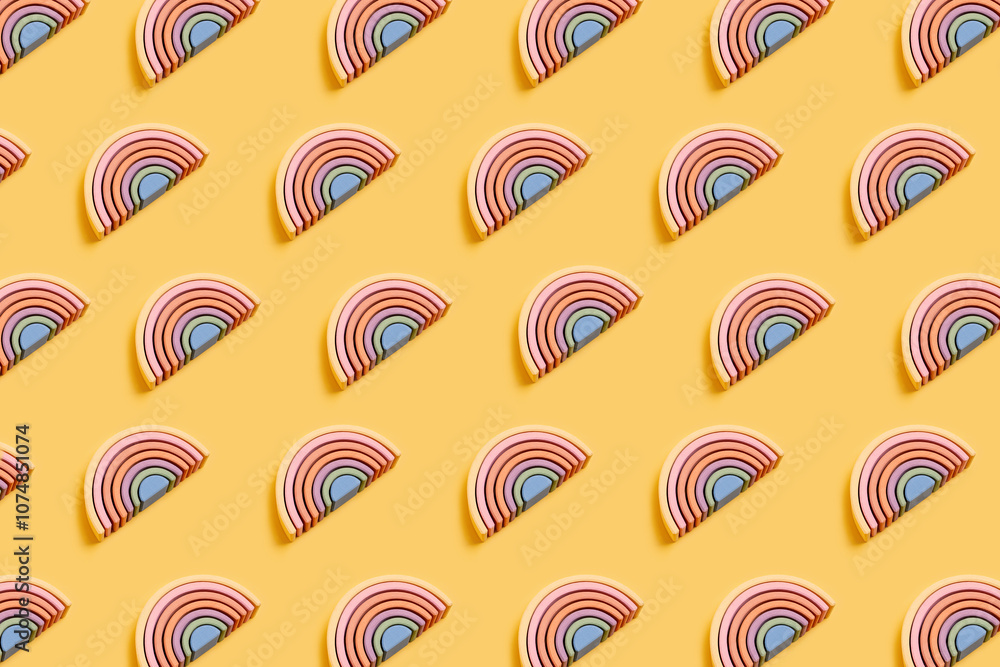 Naklejka premium Abstract figures from elements of the children's designer wooden pastel rainbow on a wooden podium on a paper background. 
