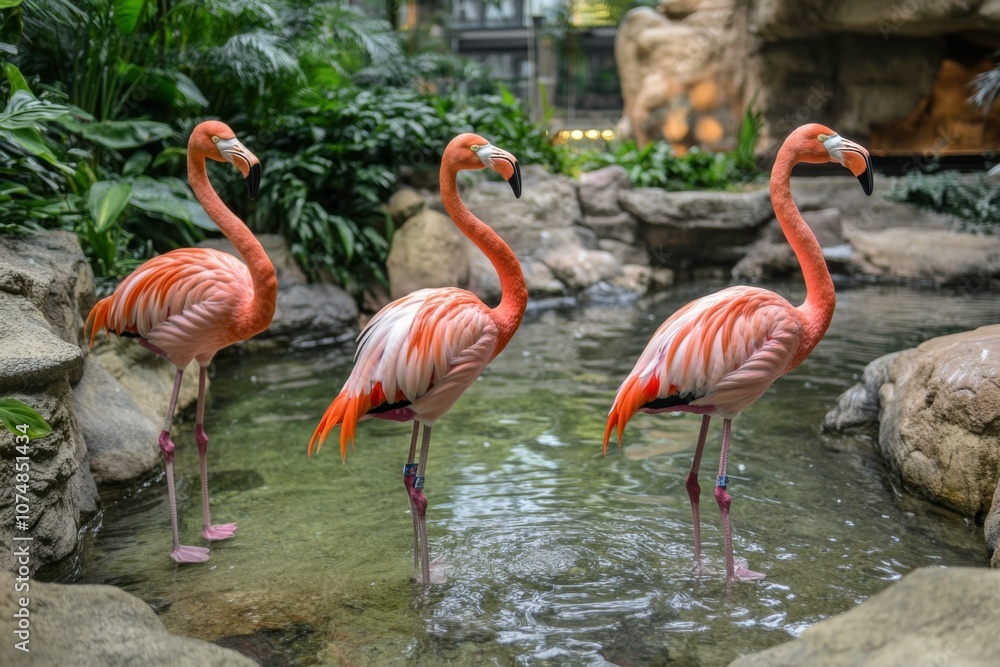 Elegant Flamingos in Shallow Water Under Warm Light Elegant Flamingos in Shallow Water Under Warm Light