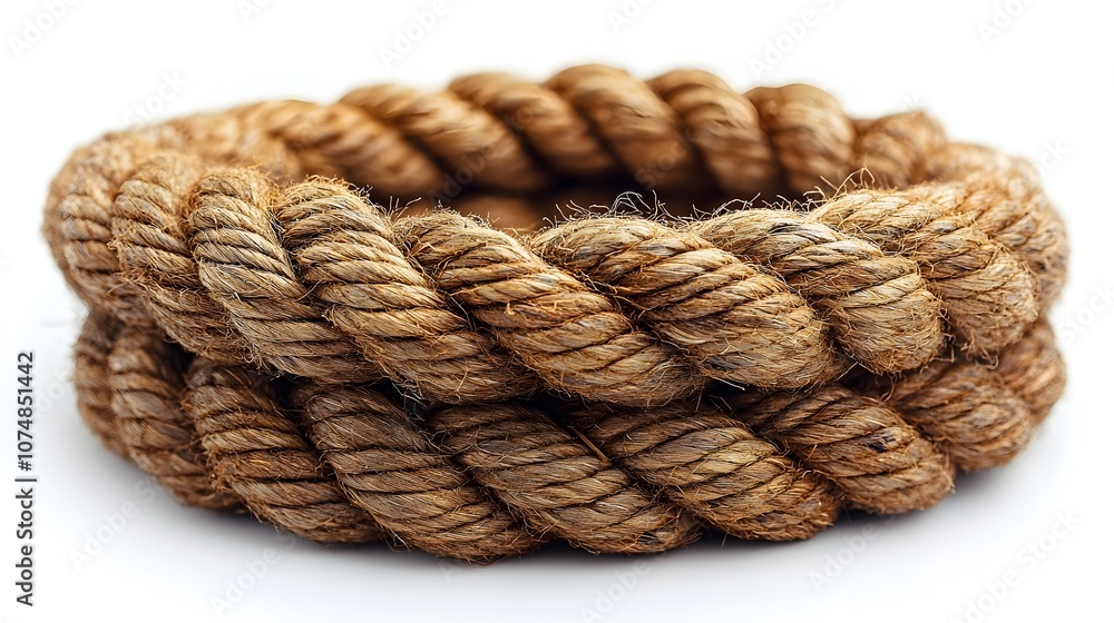 Closeup view of intricately coiled and twisted natural rope or cord forming a circular,spiraling pattern on a plain white background. Textural,abstract,and minimalist design concept. Closeup view of intricately coiled and twisted natural rope or cord forming a circular,spiraling pattern on a plain white background. Textural,abstract,and minimalist design concept.