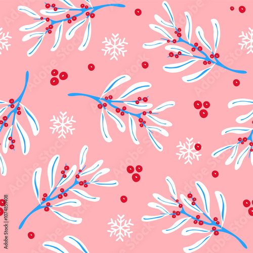 Merry Christmas happy new year  winter holidays seamless pattern with mistletoe botanical berry branches on peach pink background,  xmas yuletide vector illustration