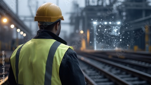 Construction worker analyzes digital data at rail yard for enhanced safety