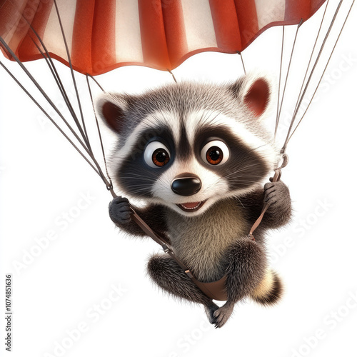 3D funny cartoon raccoon on a parachute, isolated, on a white background. Funny print for T-shirts. Character for a logo, illustration for an ironic advertisement of parachute sections, active recreat