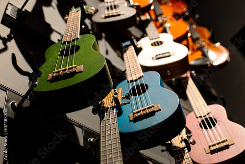 Musical instrument shop, colorful guitars