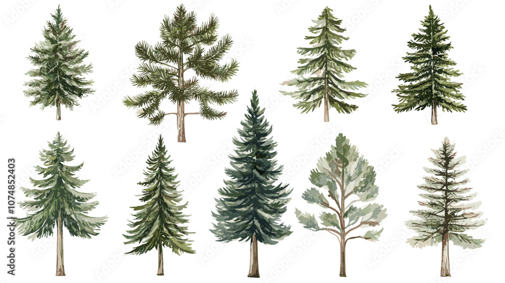 Fototapeta premium Pine tree watercolor Minimal style Side view set of graphics trees elements outline symbol for architecture and landscape design. Vector illustration transparent background