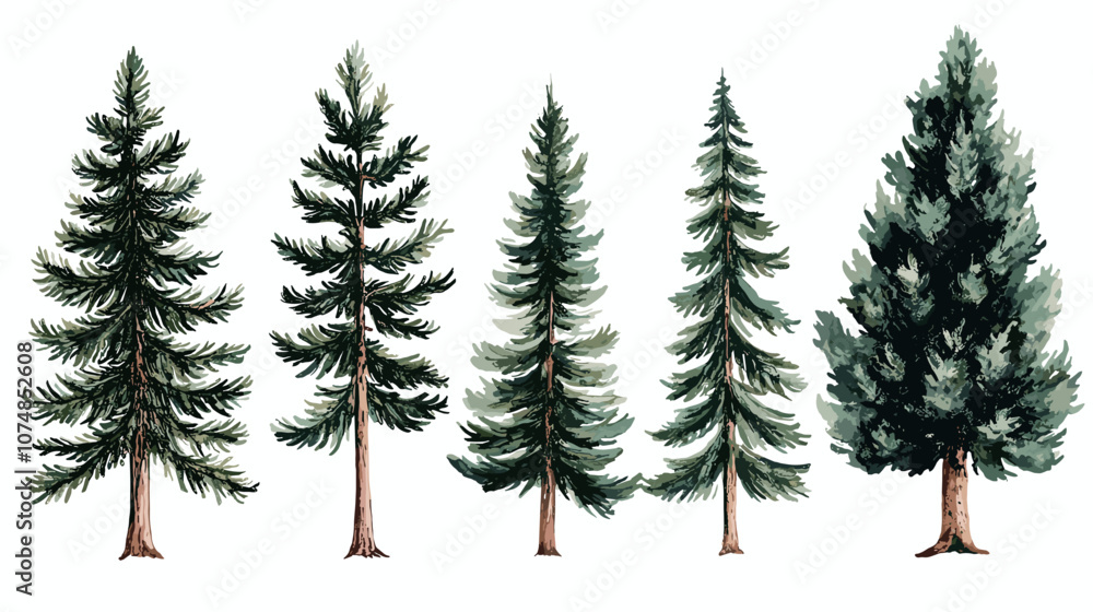 Fototapeta premium Pine tree watercolor Minimal style Side view set of graphics trees elements outline symbol for architecture and landscape design. Vector illustration transparent background